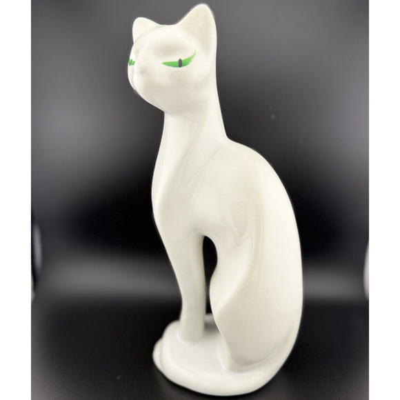 VTG MCM White Porcelain Siamese Cat Figurine with Green Eyes Made in Taiwan 12” - Picture 2 of 11